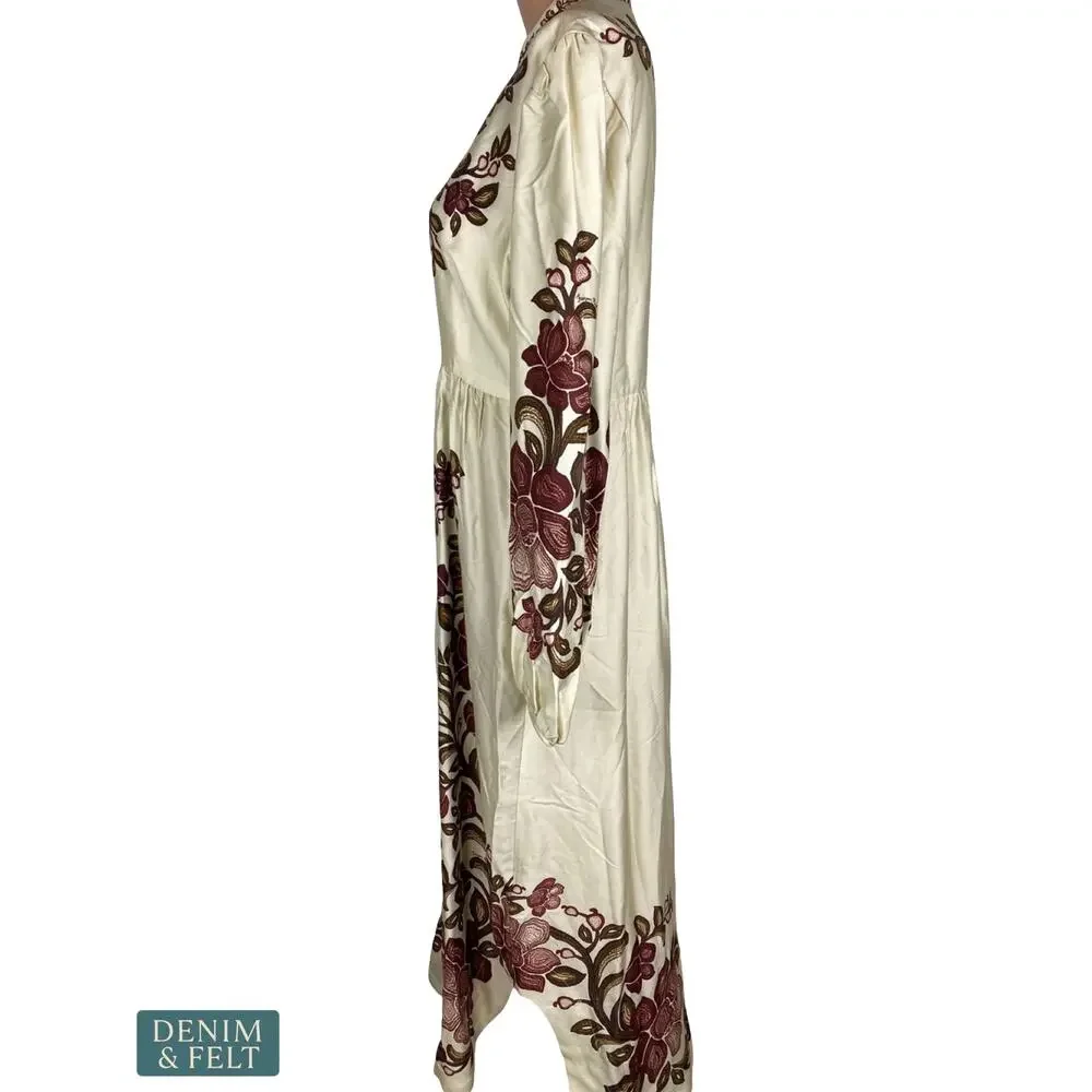 NEW Farm Rio Renata Floral Sand Midi Dress Lyocell Button Front Embroidered MED - Picture 8 of 16